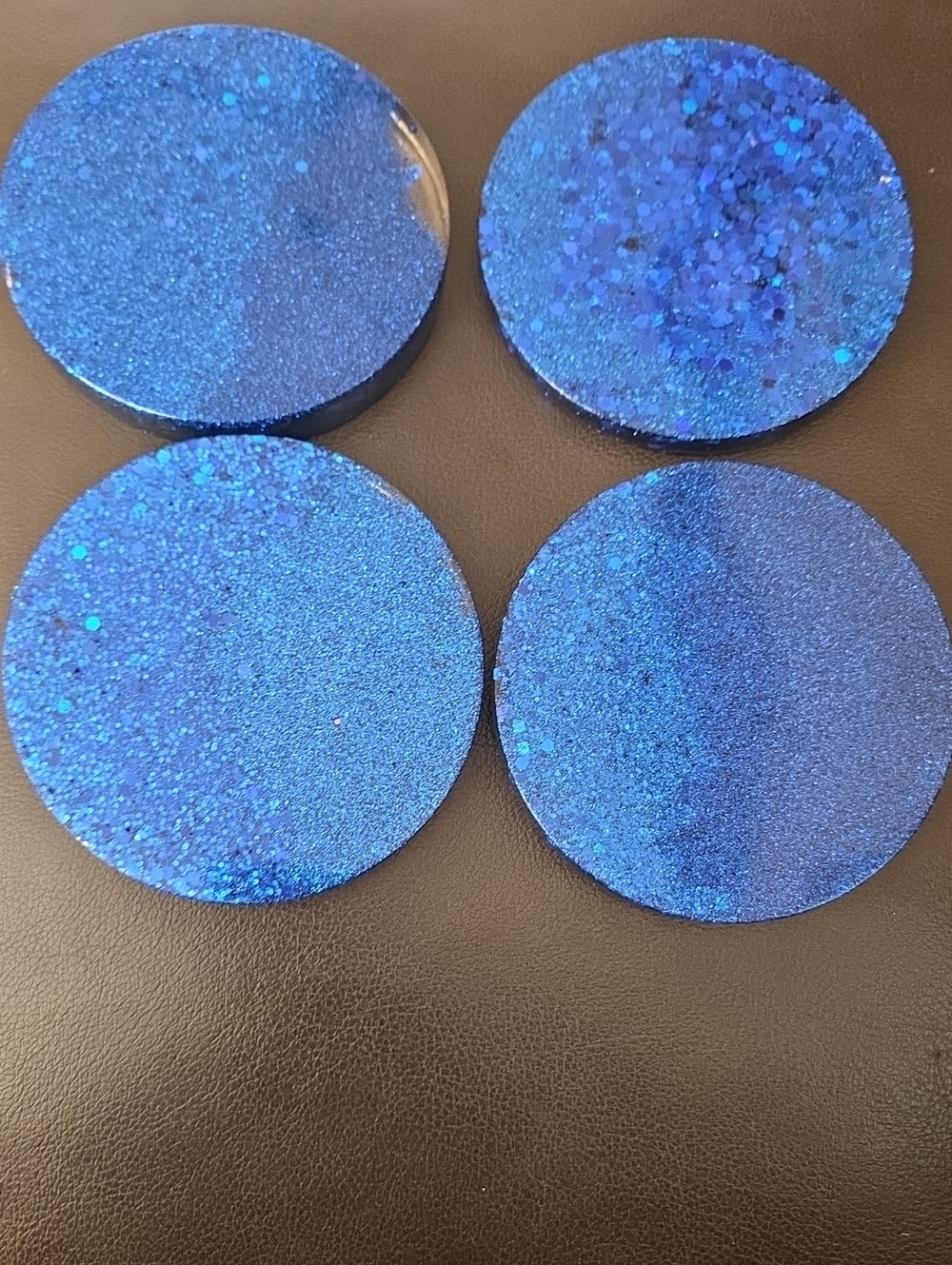 🦋Handmade Blue Glitter Resin Round Coasters Set Of Four